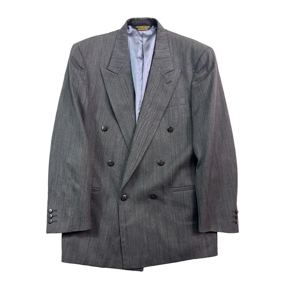 vtg 90s Adolfo‎ 42R Charcoal Stripe Double Breasted Blazer Jacket Sport Coat USA